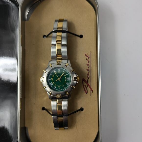 Fossil AM-2956 Womens Wrist Watch 1994 Green Silver NEEDS BATTERY Authentic Case - Picture 2 of 15